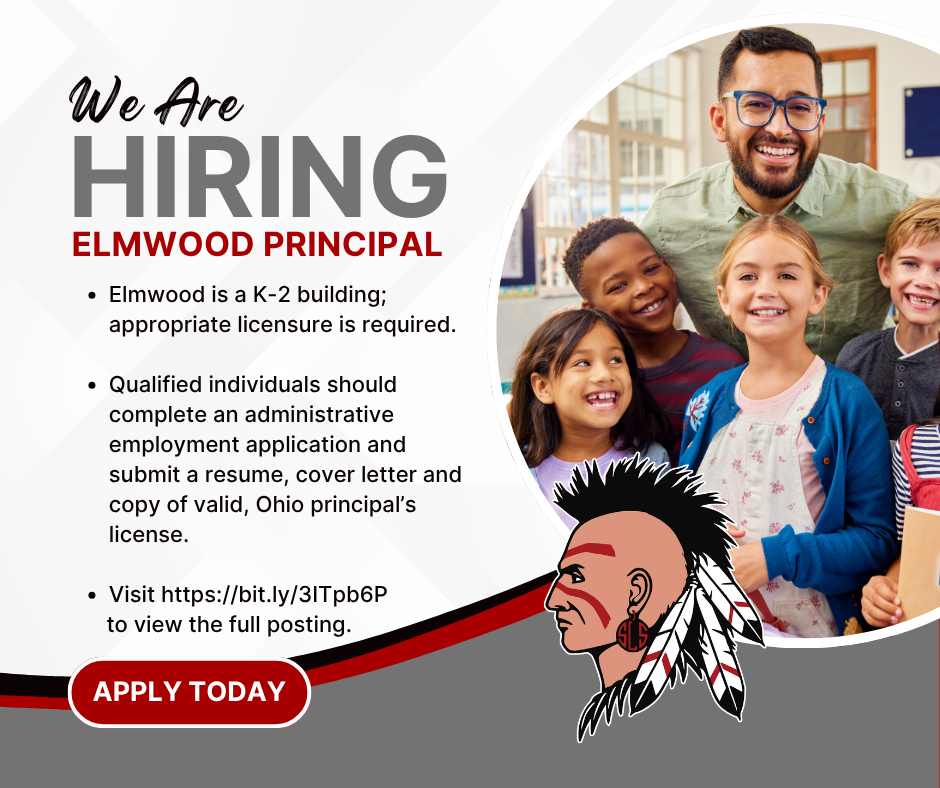 Photo of principal with students announcing the district is hiring a principal with specific hiring qualificaitions.