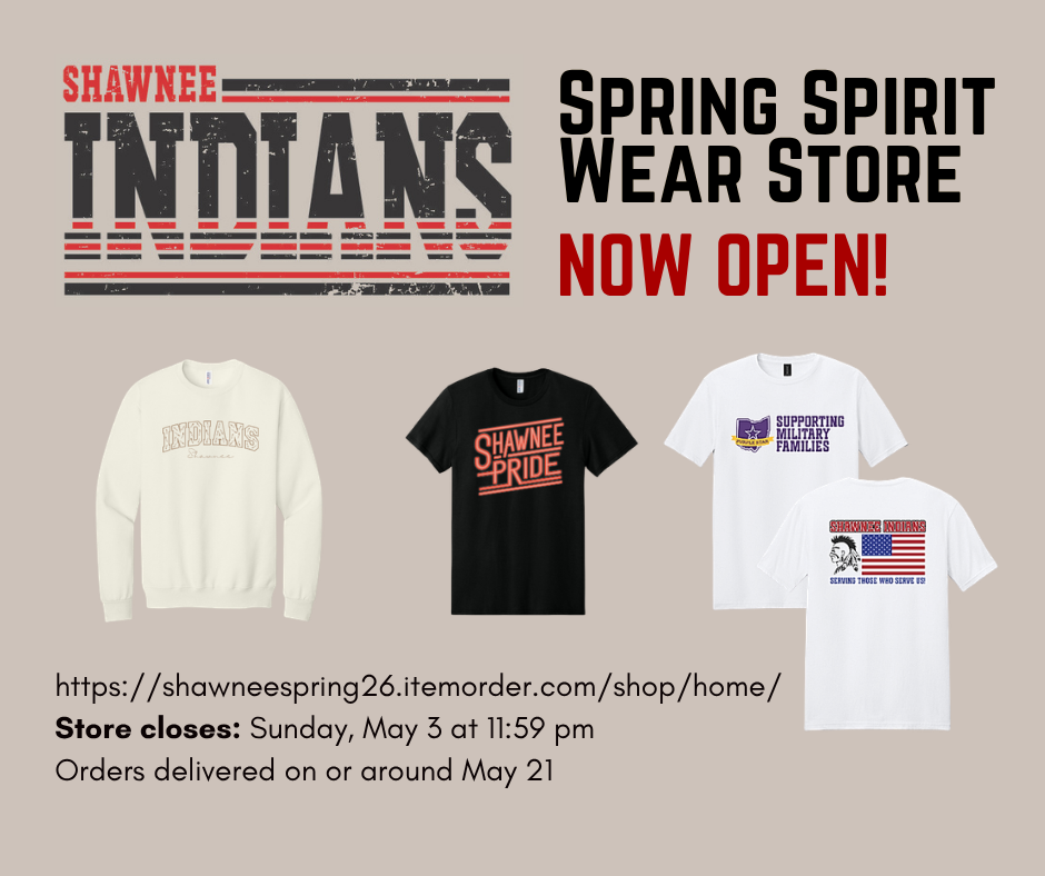Infographic on tan background announcing Spring Spirit Store opening 