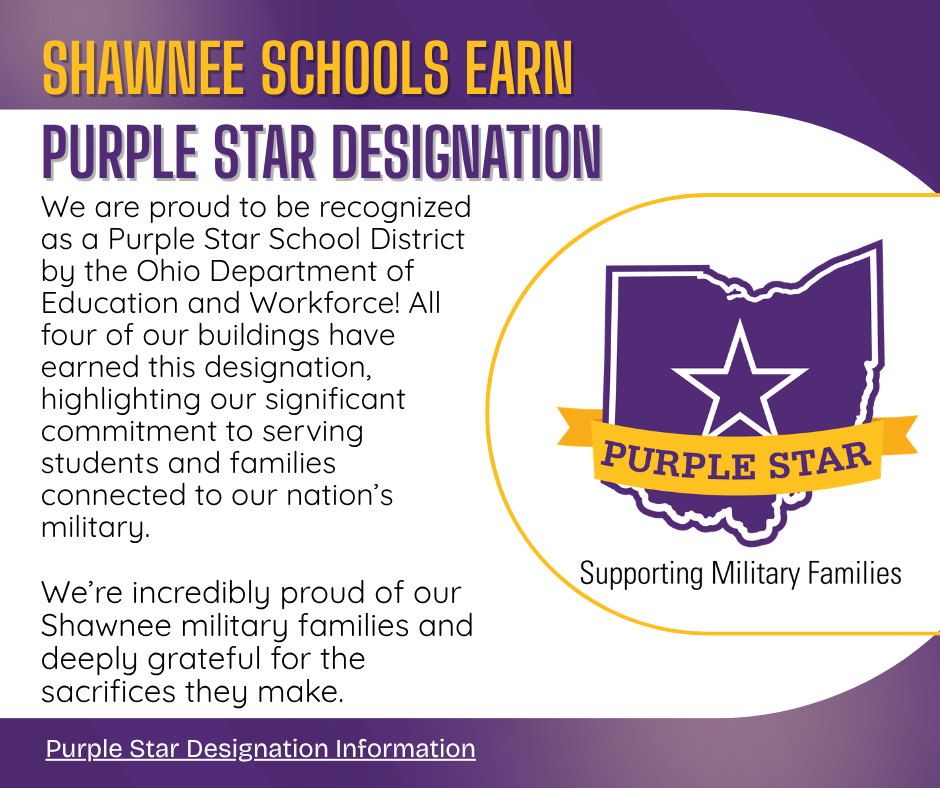 Information about Purple Star school designation is presented on a purple and white background with the Purple Star logo and Supporting Military Families.
