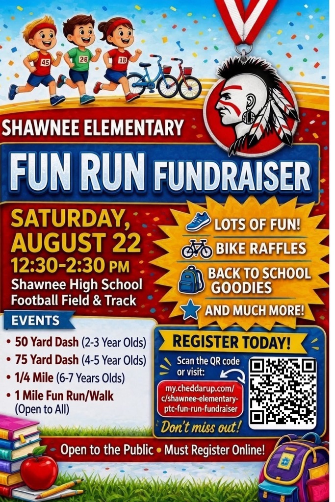 Colorful flyer with information about the Shawnee Elementary Fun Run Fundtraiser