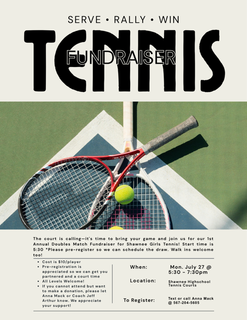 Tennis rackets and balls lay on a tennis court with information about a fundraiser. 