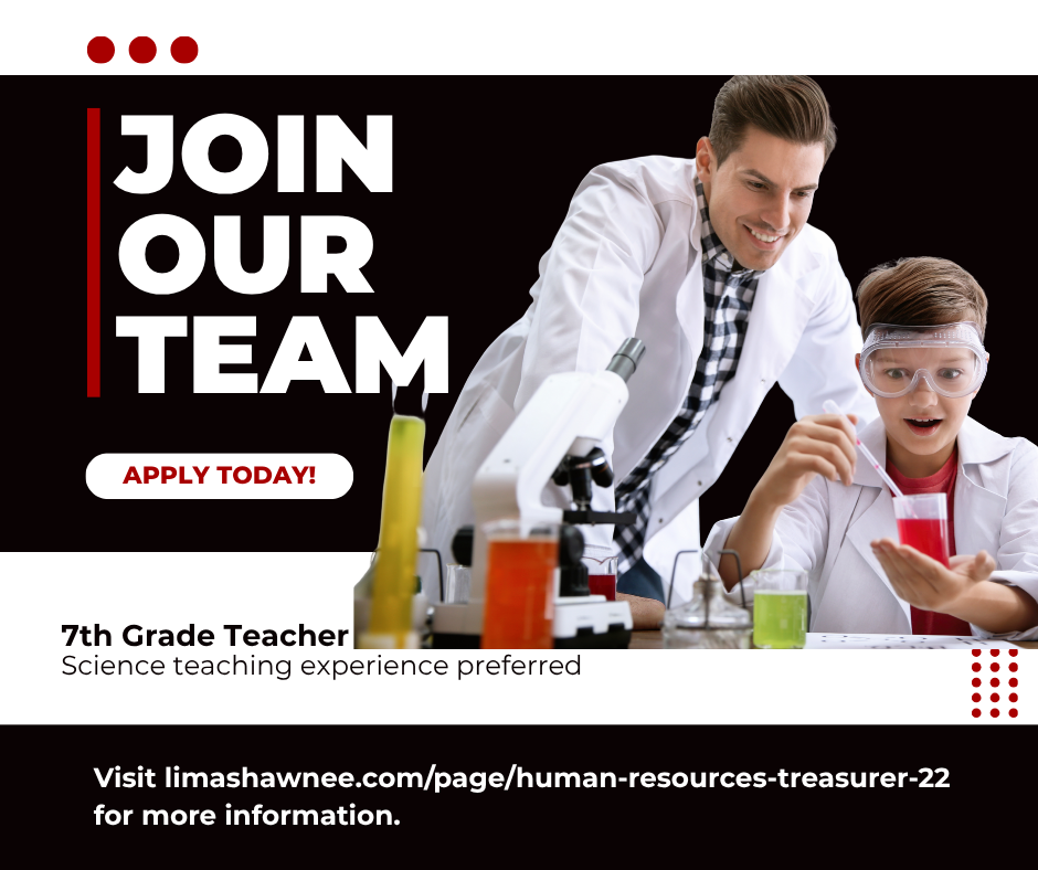 JOIN OUR TEAM is prominently displayed over a black background with a teacher and student conducting a science experiment. Information to apply is provided. 