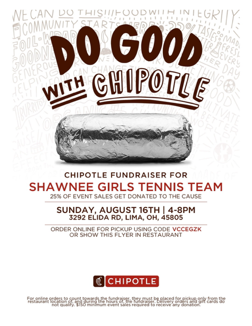 Information for a chipotle fundraiser is presented on a white background with a foil wrapped burrito in the center.