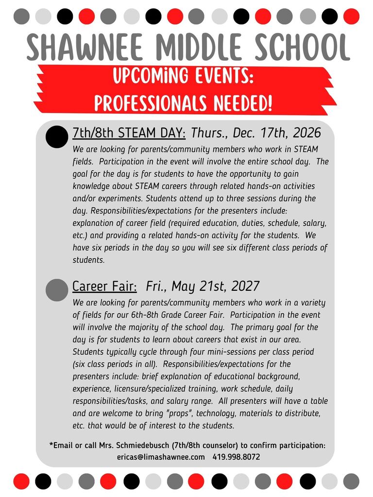 SMS Upcoming Events: STEAM Day and Career Fair 2026-27