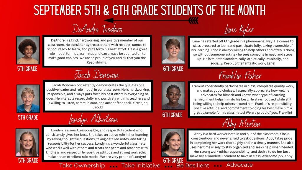 September 5th & 6th Grade Students of the Month
