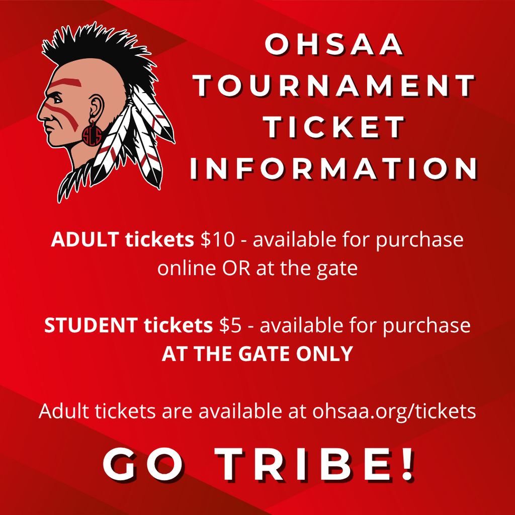 OHSAA Tournament Ticket Information on a red background with the Shawnee Indian.