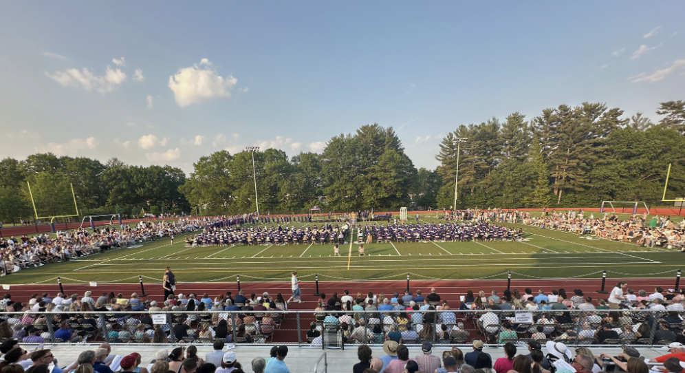 This is a view of the football field where graduation is happening 