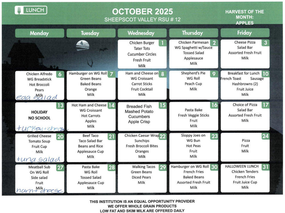 October Lunch Menu