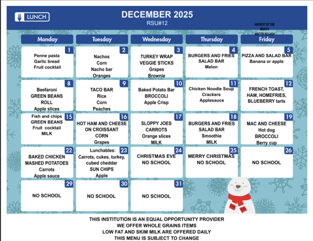 December lunch menu