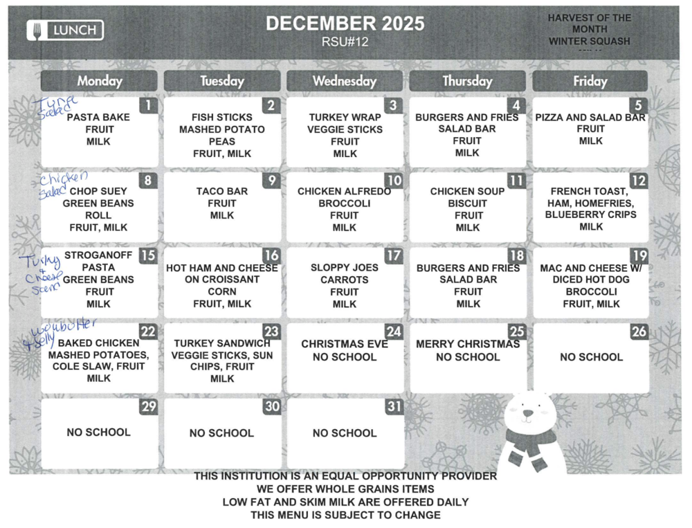December Lunch Menu