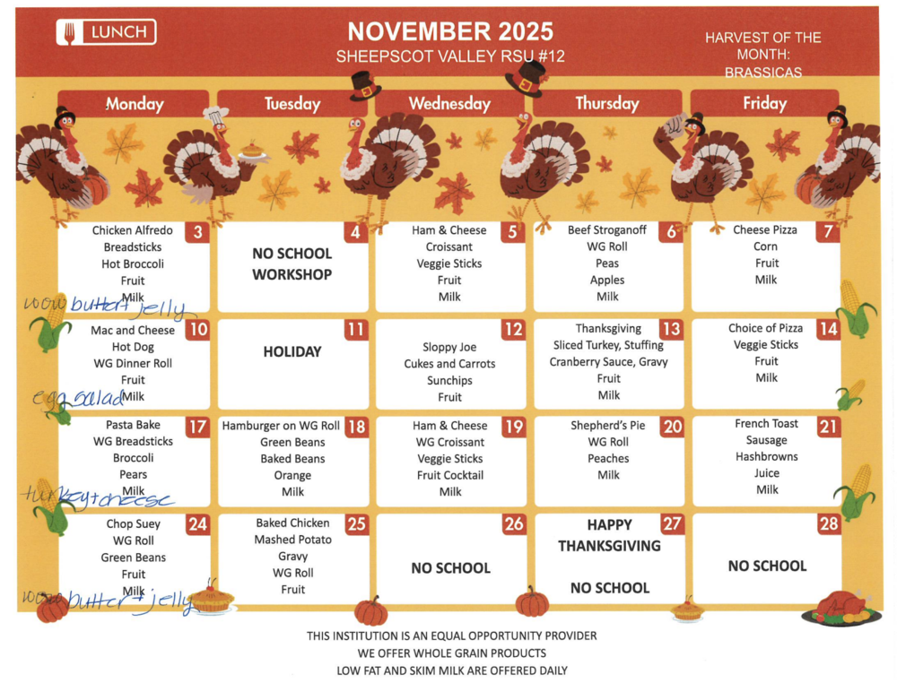 November's Lunch Menu