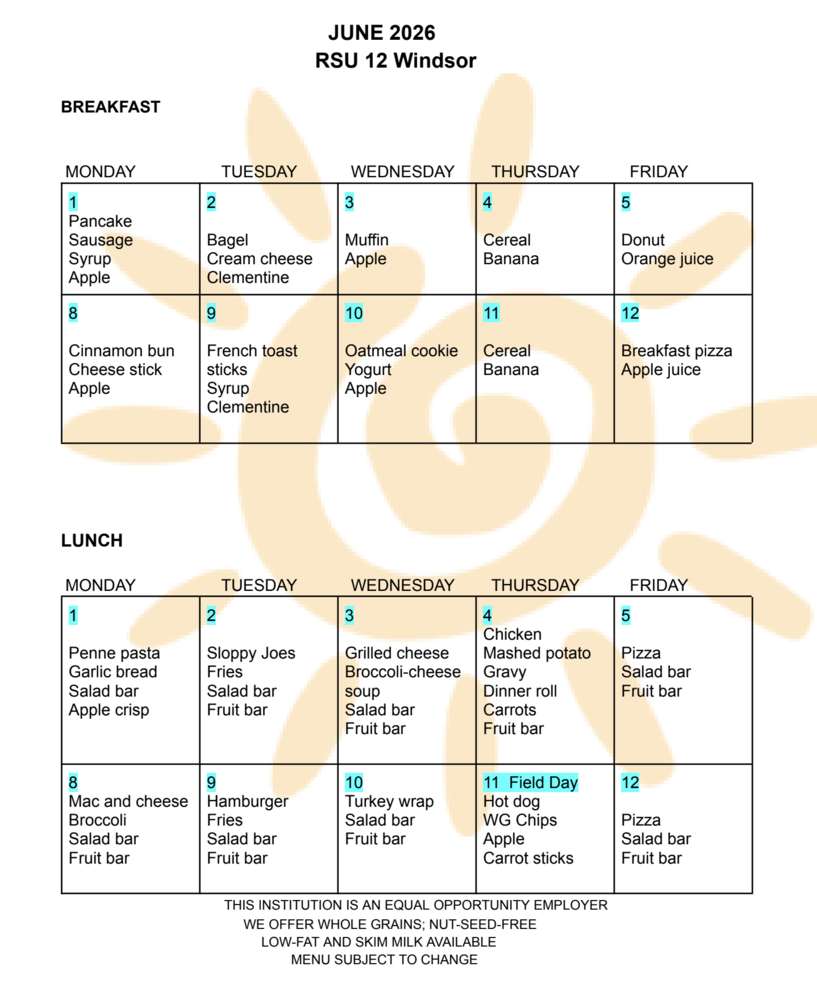 June Breakfast/Lunch Menu