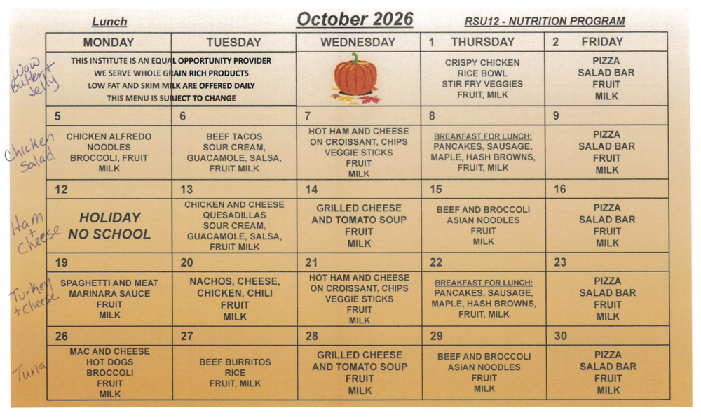 October Lunch Menu
