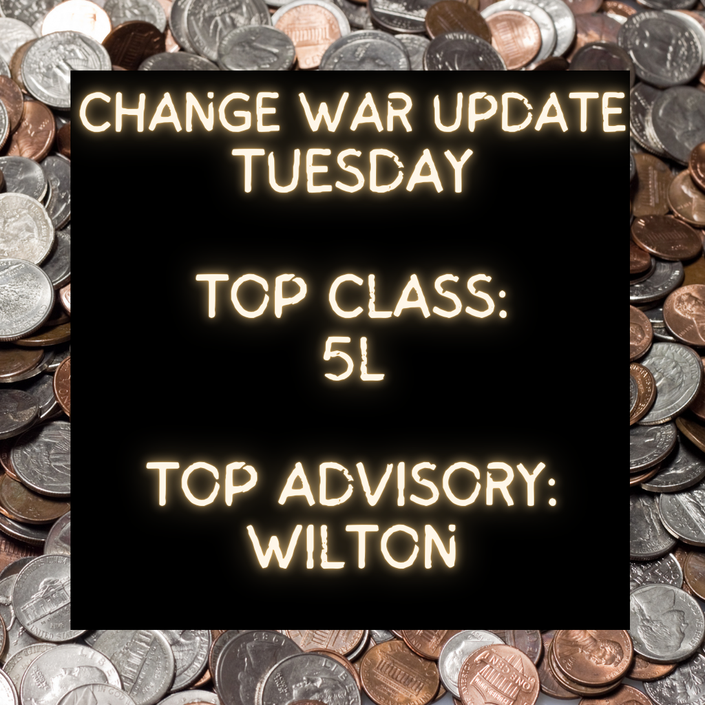 A poster with a background of coins, including nickels, dimes, pennies, and quarters. In the center, there is a black square featuring glowing text that reads: "Change War Update Tuesday Top Class: 5L Top Advisory: Wilton." The glowing text contrasts sharply with the dark background, making the update bold and eye-catching.