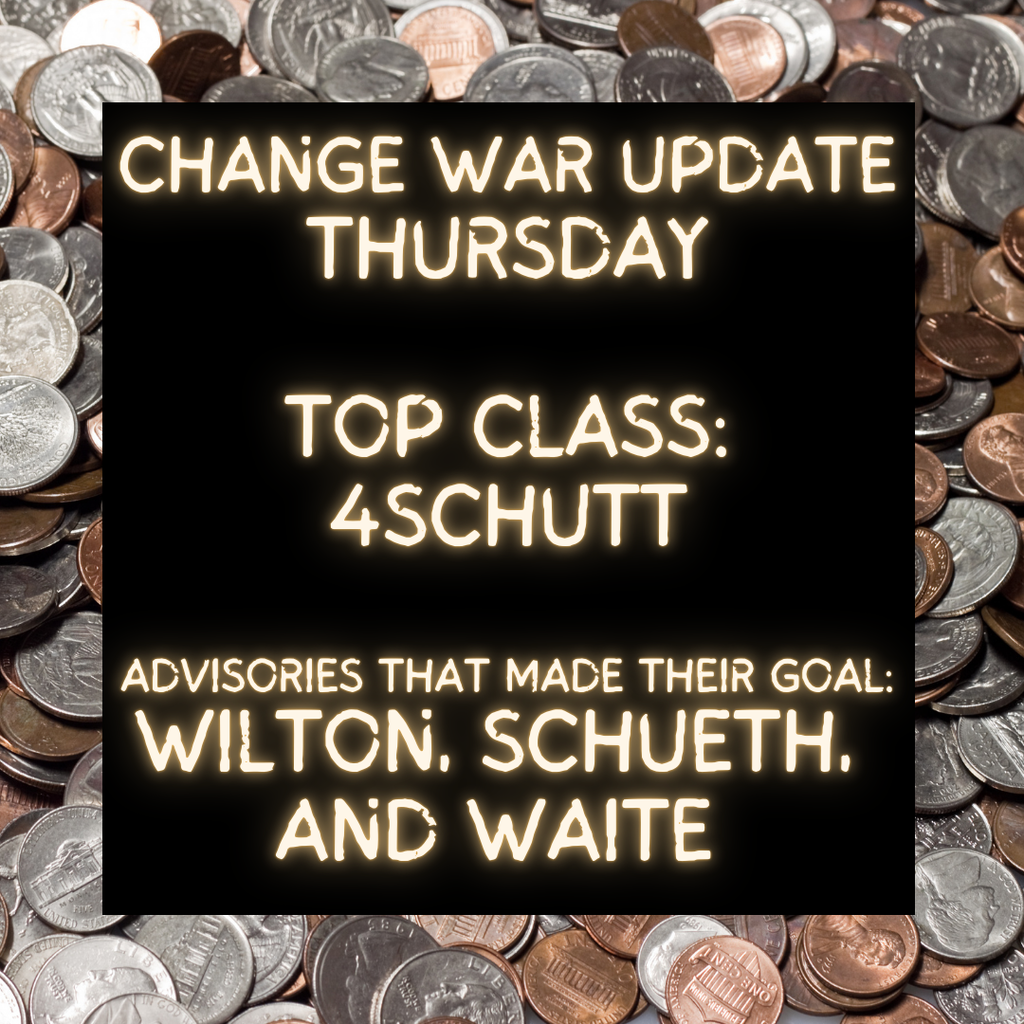 Congratulations to 4Schutt for hanging onto their lead! They're leading 2nd place by less than $10! And a big congrats to Mr. Waite's advisory for passing their goal today!