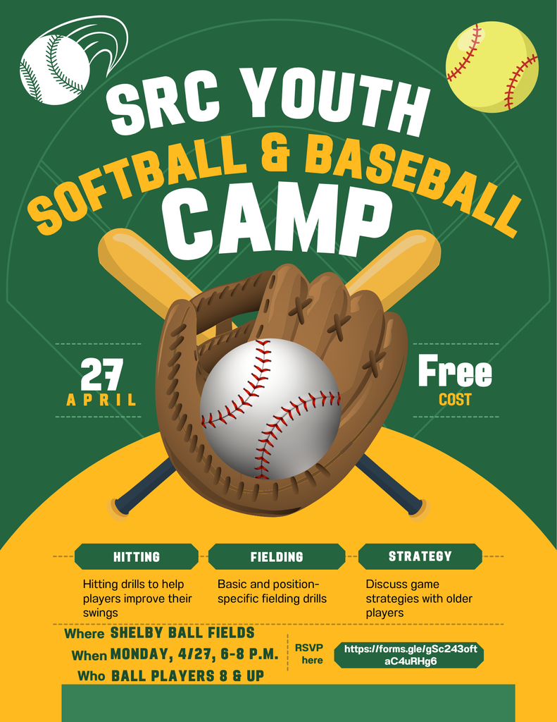 The image describes the details for the SRC Baseball & Softball Camp.