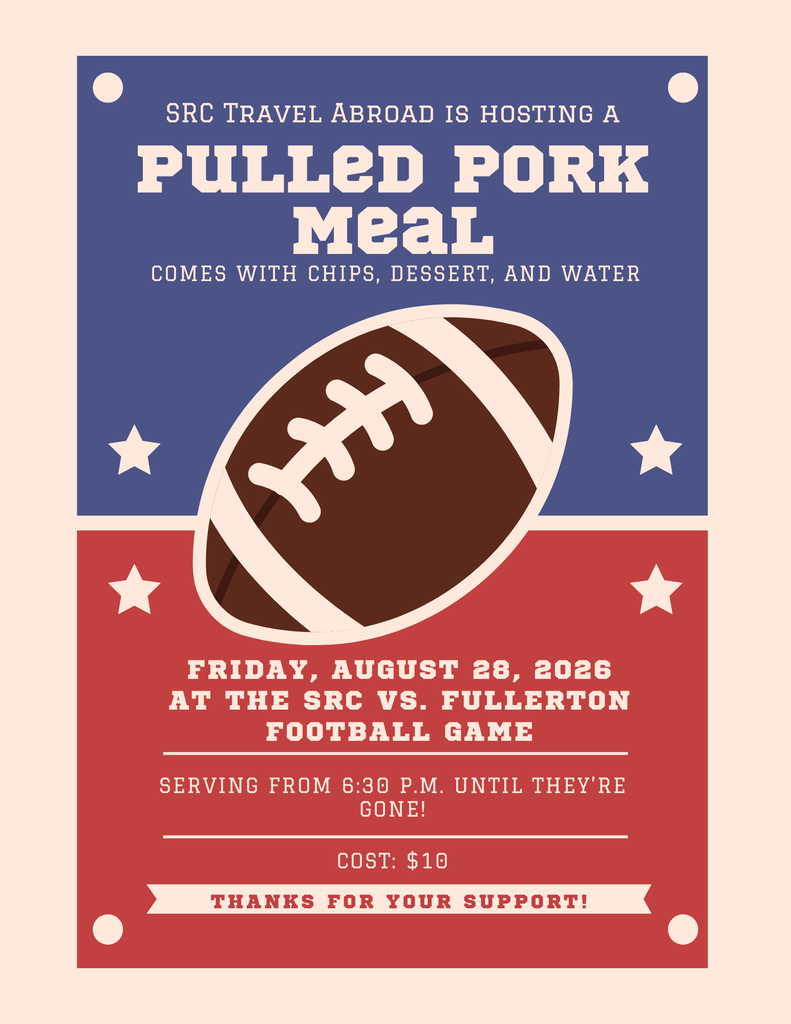 The poster shares details about the pulled pork meal that SRC Travel Abroad is offering. For $10, get a sandwich, chips, dessert, and water.