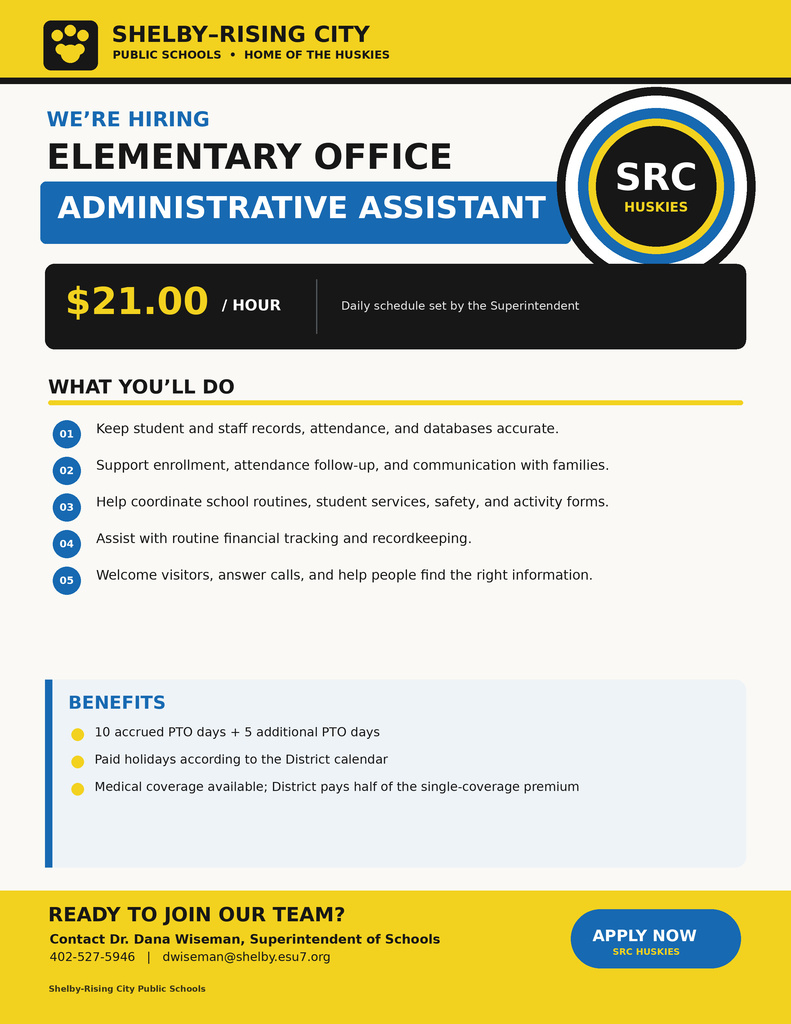 Seeking an Elementary Office Administrative Assistant. Apply today!