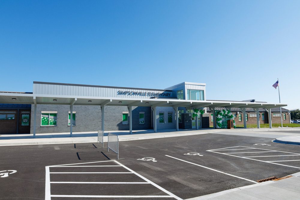 a photo of the new front exterior of Simpsonville Elementary