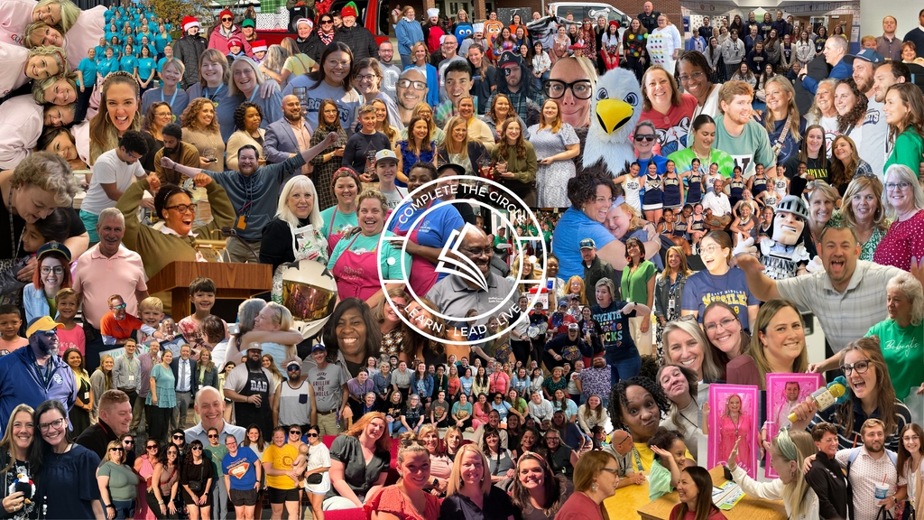 A collage of hundreds of SCPS staff members with the SCPS "Complete the Circle" logo overlaid in the middle.