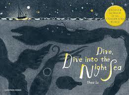 Dive Dive into the Night Sea with a gold award on the top left and some sea creatures. dark and stormy theme.