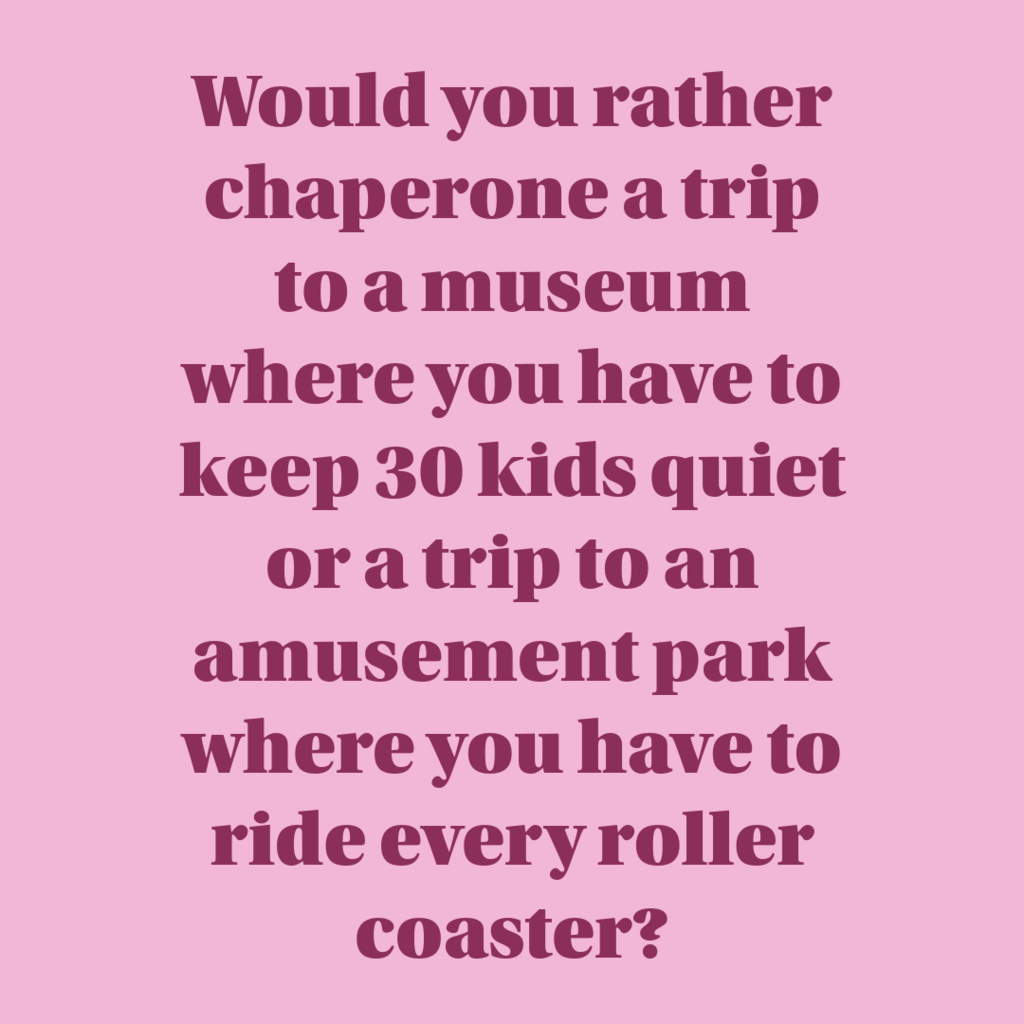 Would you rather chaperone a trip to a museum where you have to keep 30 kids quiet or a trip to an amusement park where you have to ride every roller coaster?