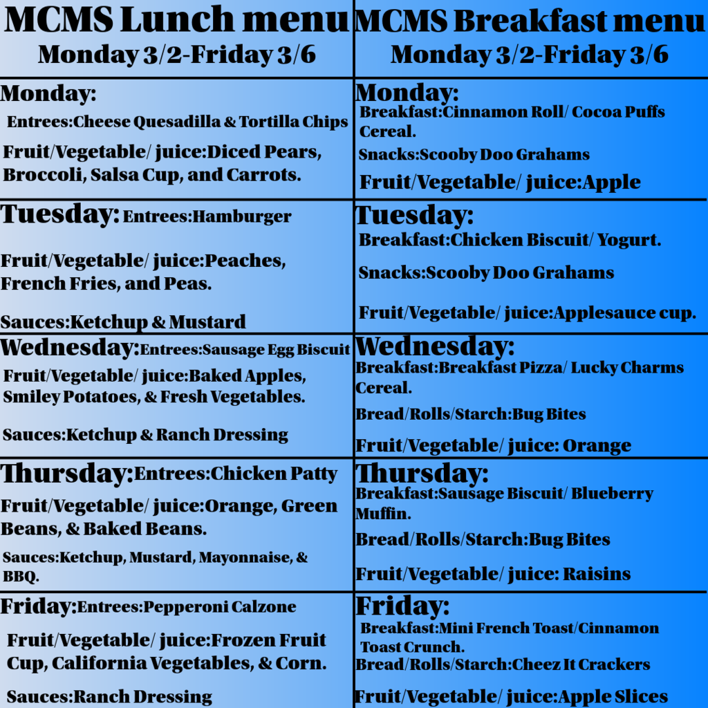 Lunch & Breakfast Menu for 3/2-3/6. #weareshelbyinspired #SpartanNation