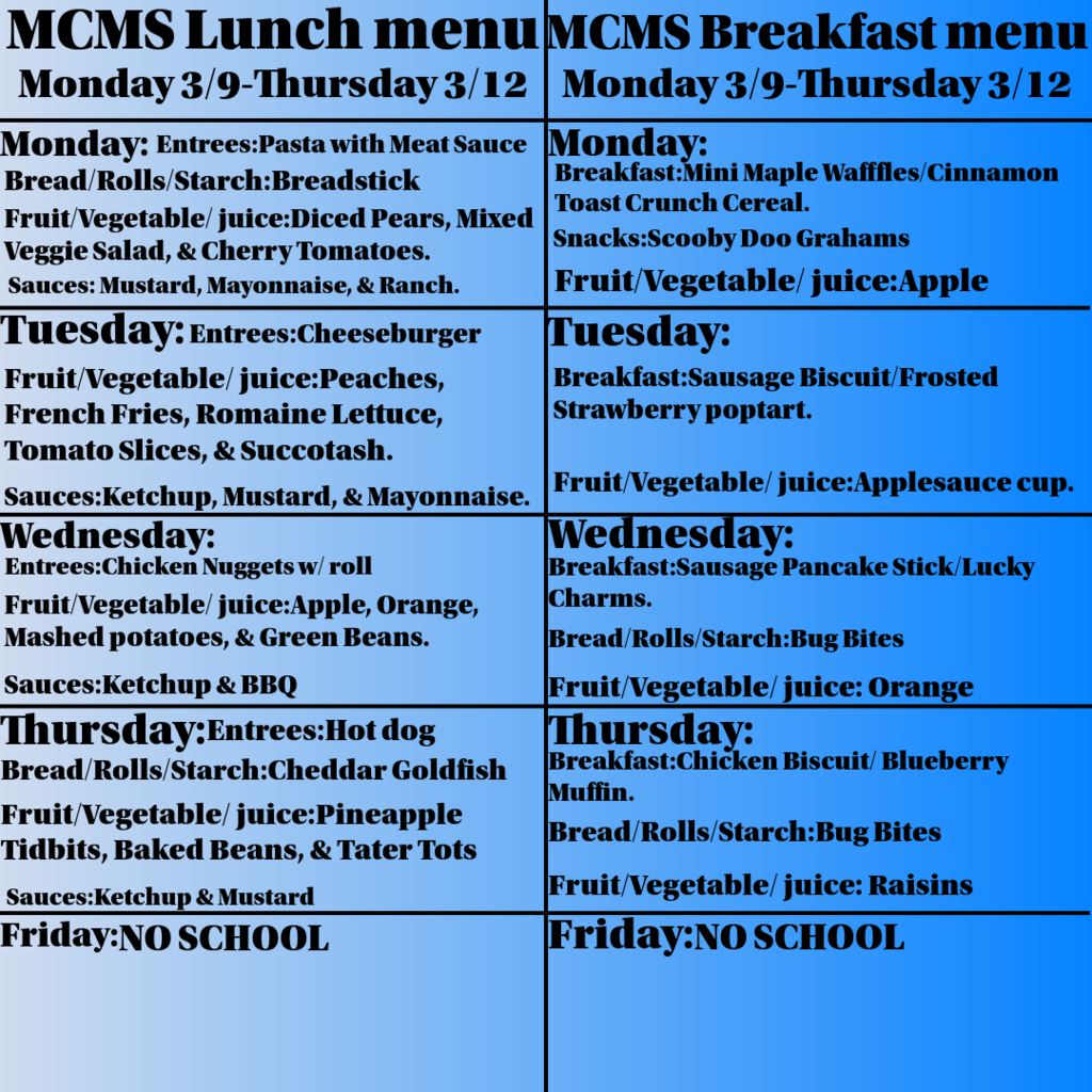 Lunch & Breakfast Menu for 3/9-3/12