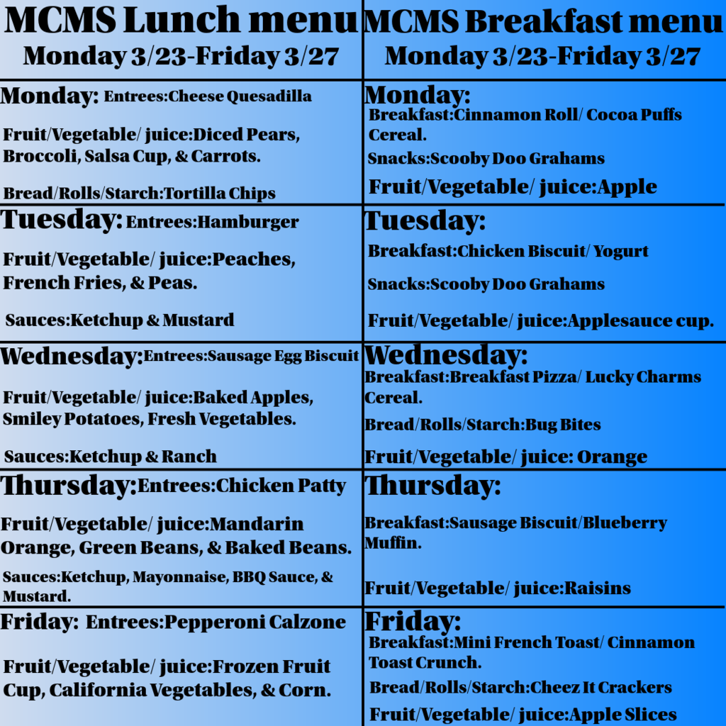 Lunch & Breakfast Menu for 3/23-3/27