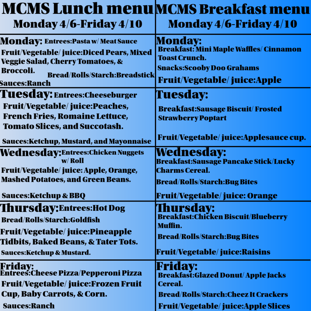 This week's lunch and breakfast for Monday 4/6 - Friday 4/10.