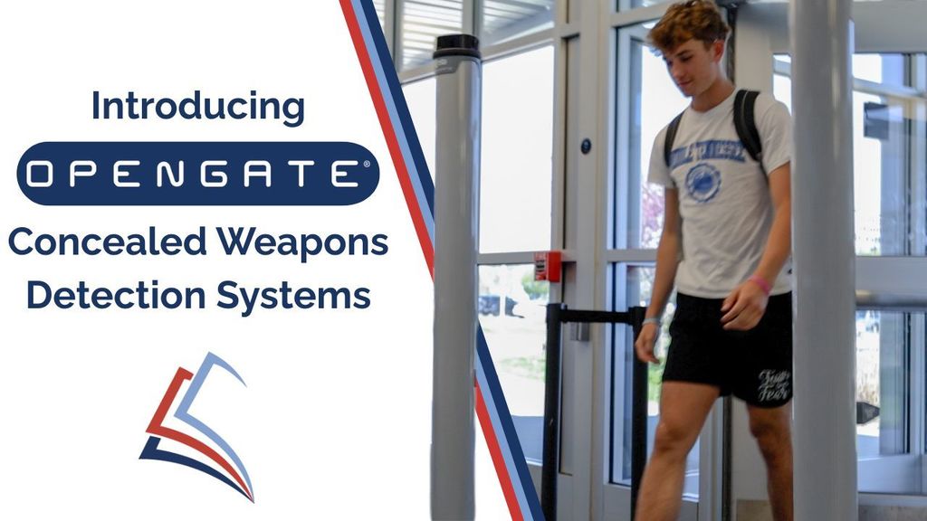 a graphic image with text saying "Introducing Opengate Concealed Weapons Detection Systems" with the SCPS logo underneath. To the right is an image of a Collins student entering the school walking through the Opengate detector pillars.