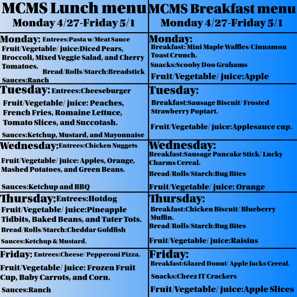 Lunch and Breakfast Menu for Monday 4/27-Friday 5/1.