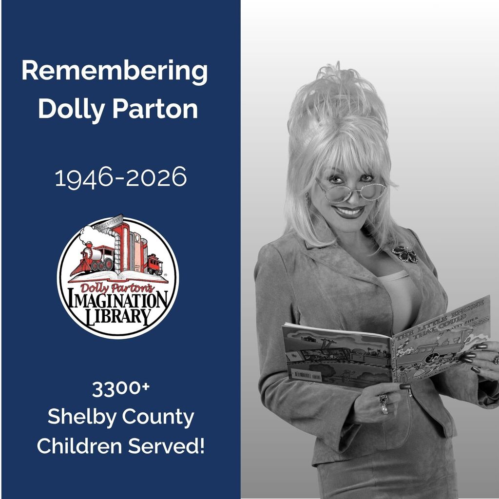 A graphic of Dolly Parton and her imagination library logo