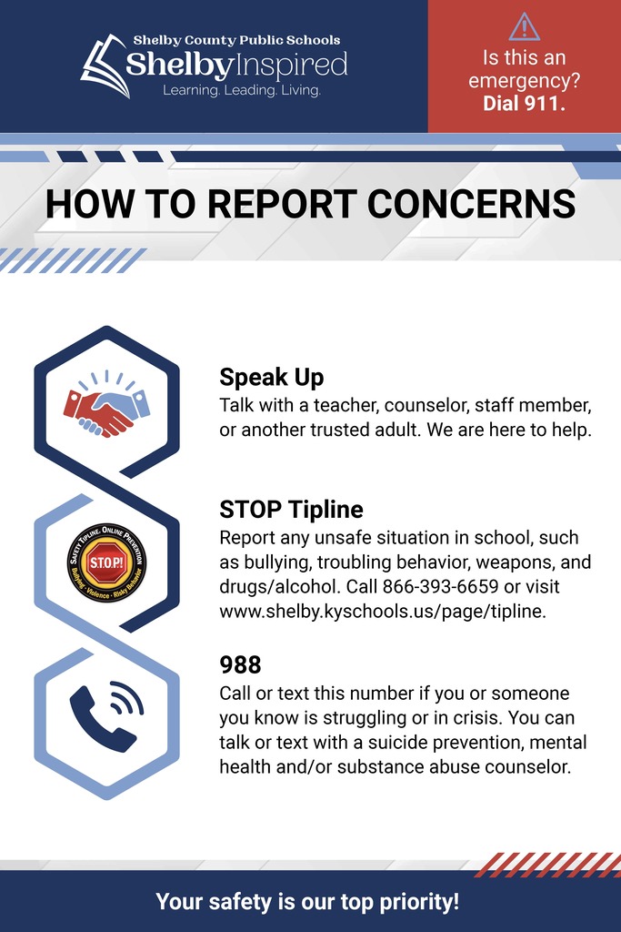 a graphic on how to report safety concerns in the district: sharing with a trusted adult, reporting through the KY STOP Tipline, and calling 988