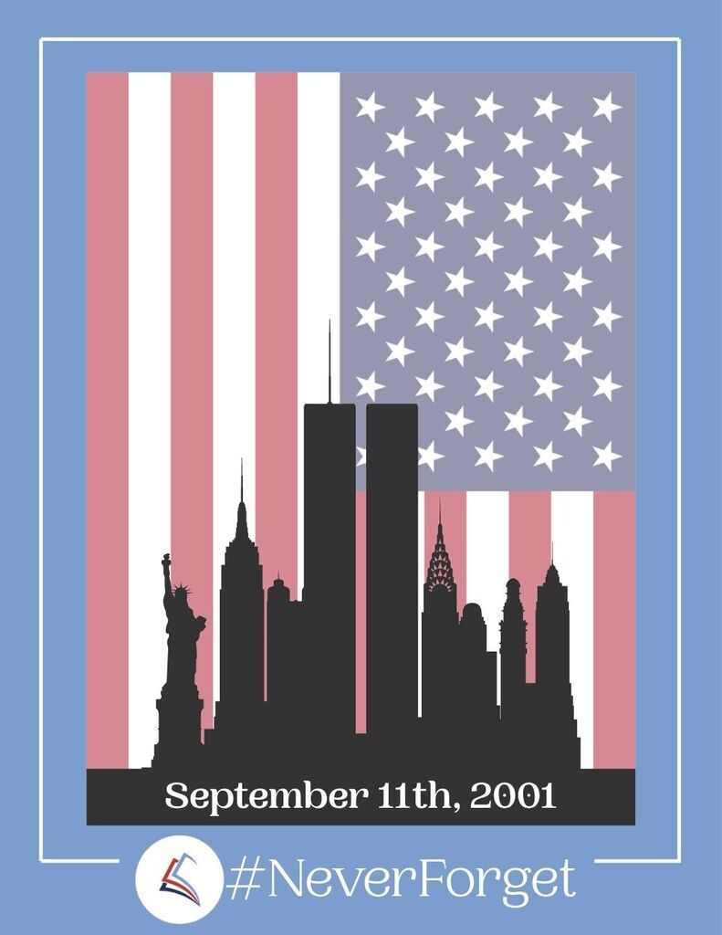 A graphic showing the New York skyline with the Twin Towers, and the American Flag in the background