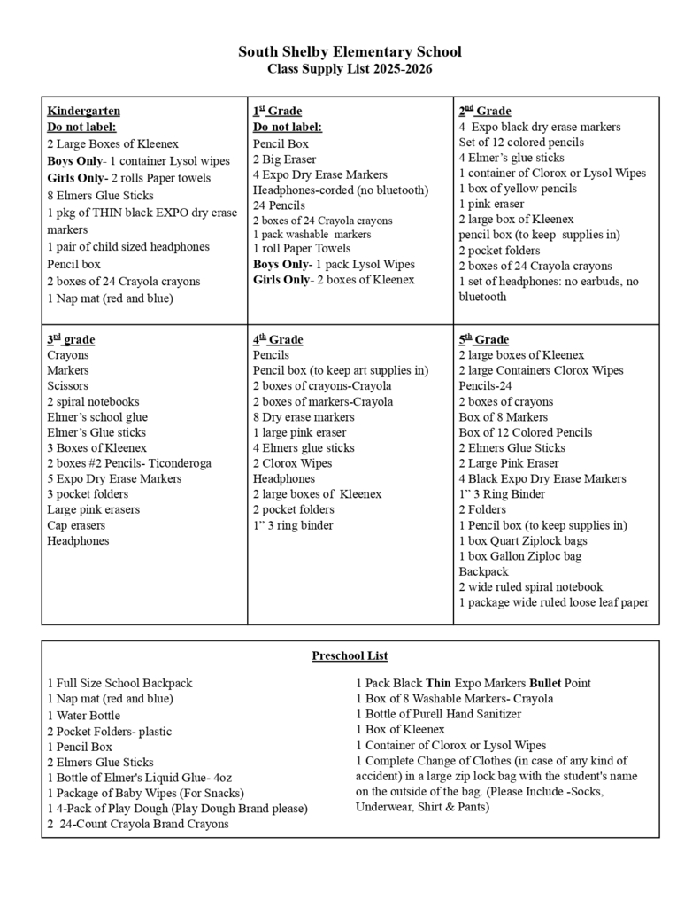 Elementary School Supplies 25-26