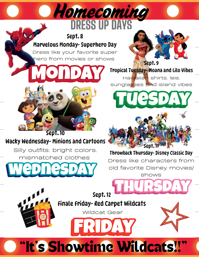 flyer displaying dress up days for Homecoming with graphics and descriptions