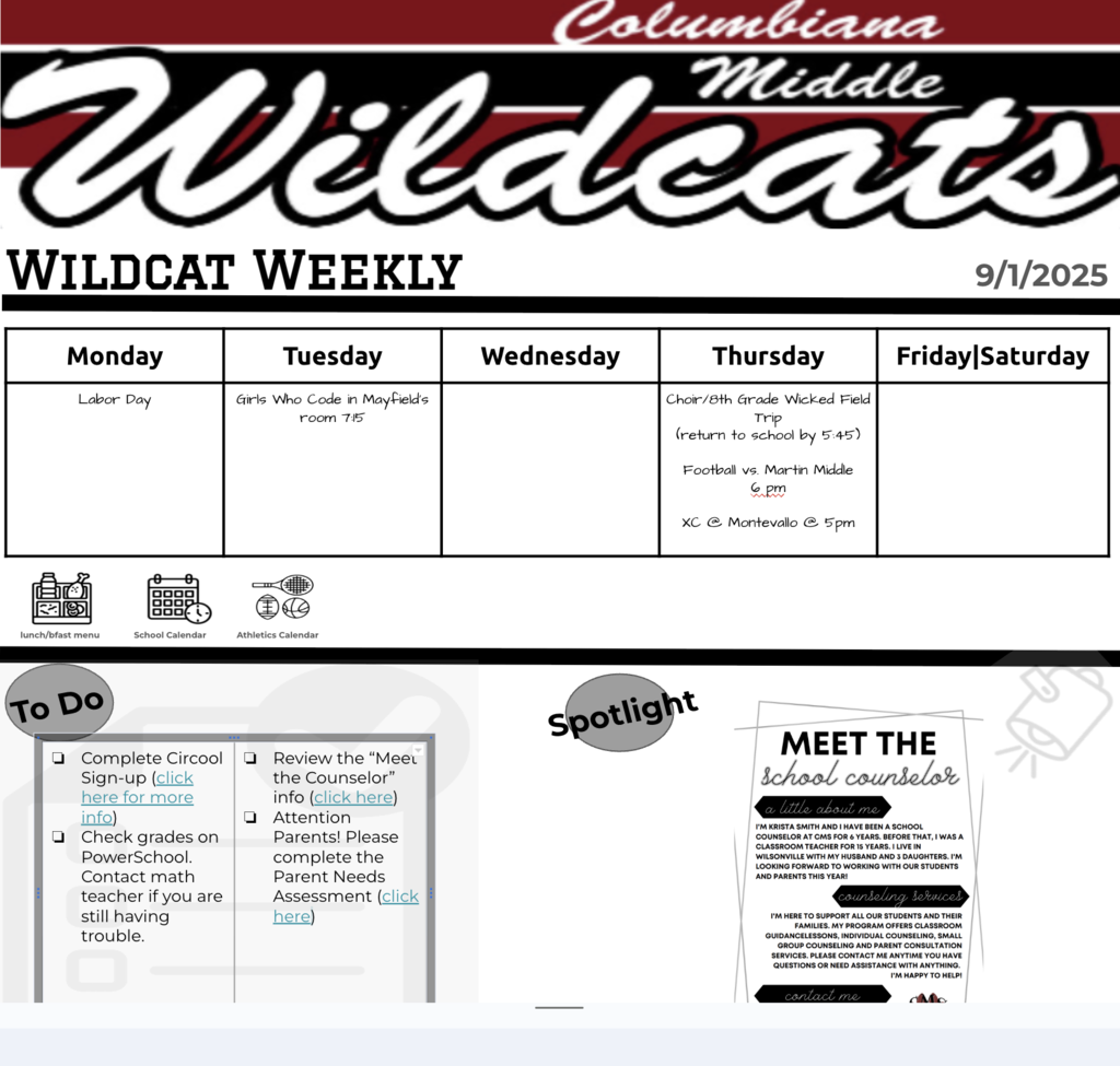 Image of the front page of the Columbiana Middle Schoo Newsletter (Wildcat Weekly)