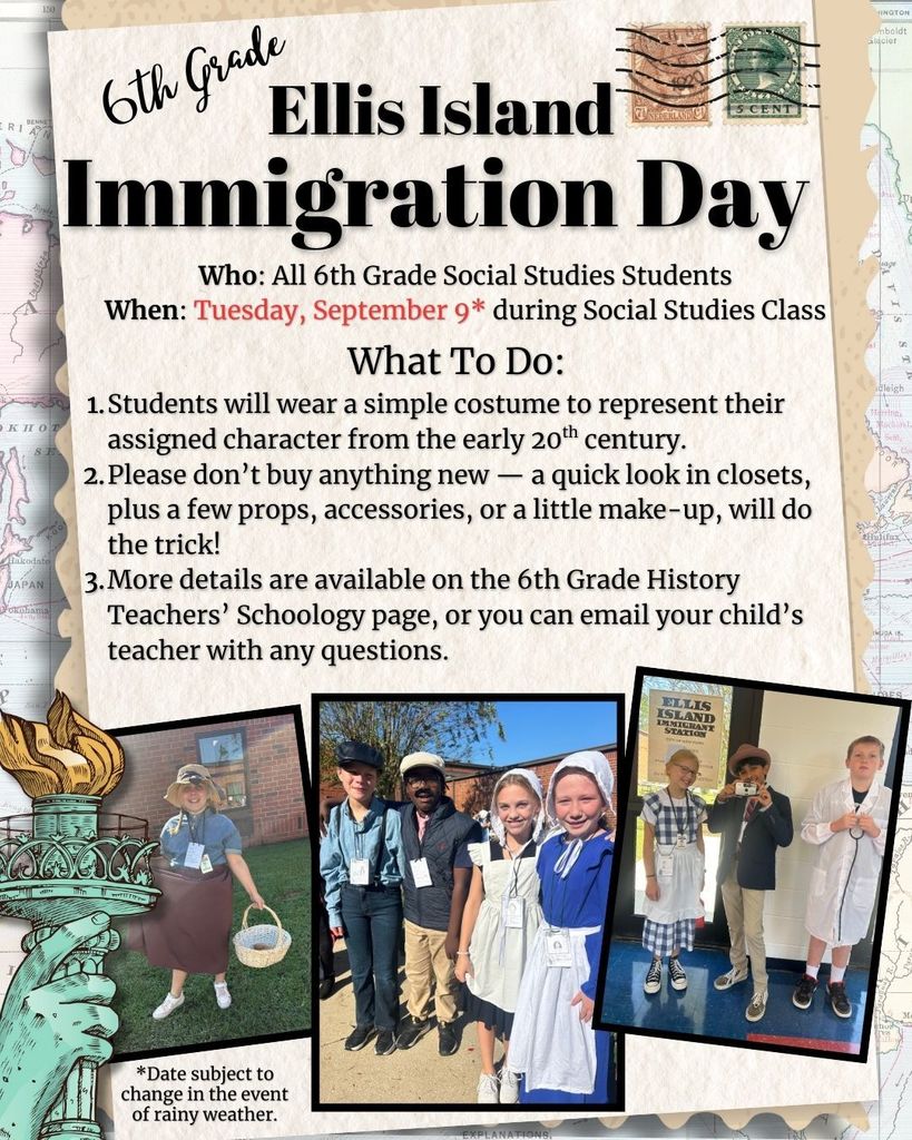 Ellis Island Immigration Day for 6th Grade is 9/9