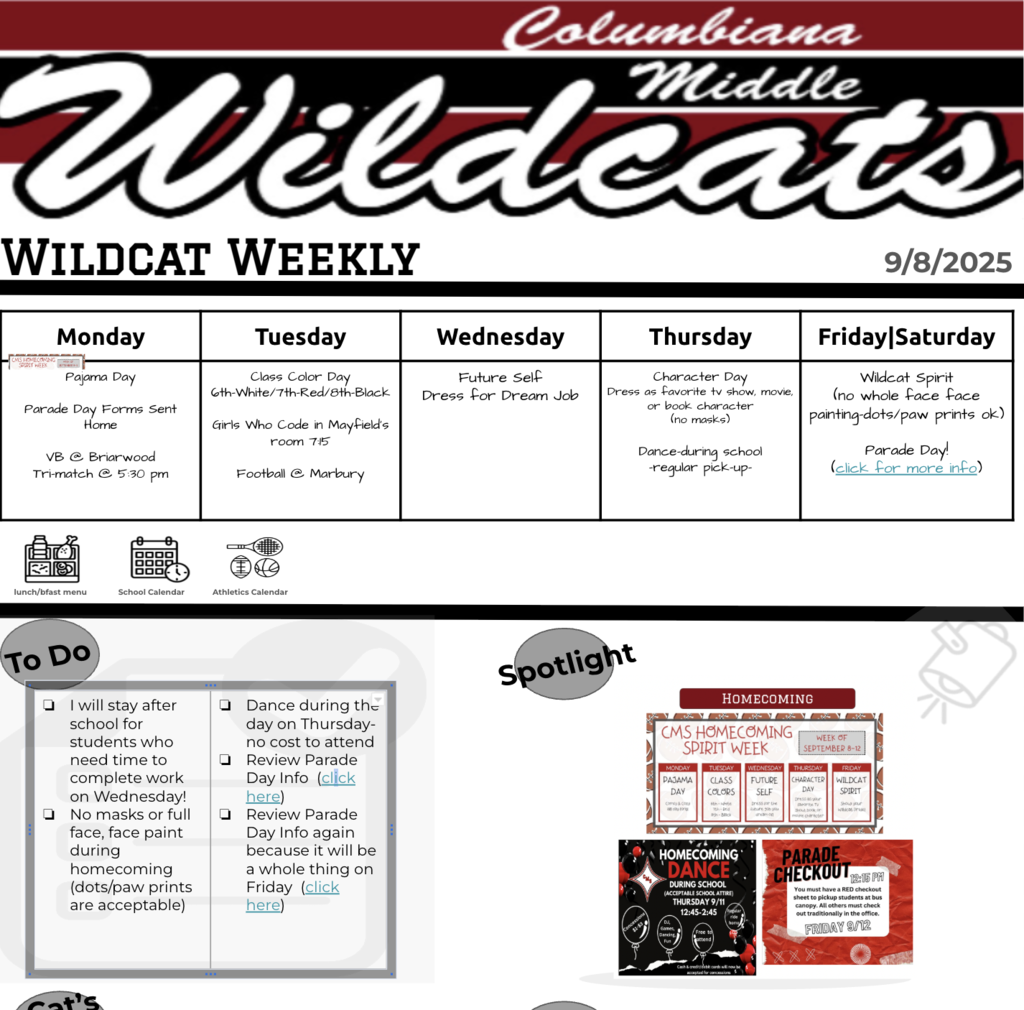 Front page of Columbiana Middle School Newsletter: Wildcat Weekly