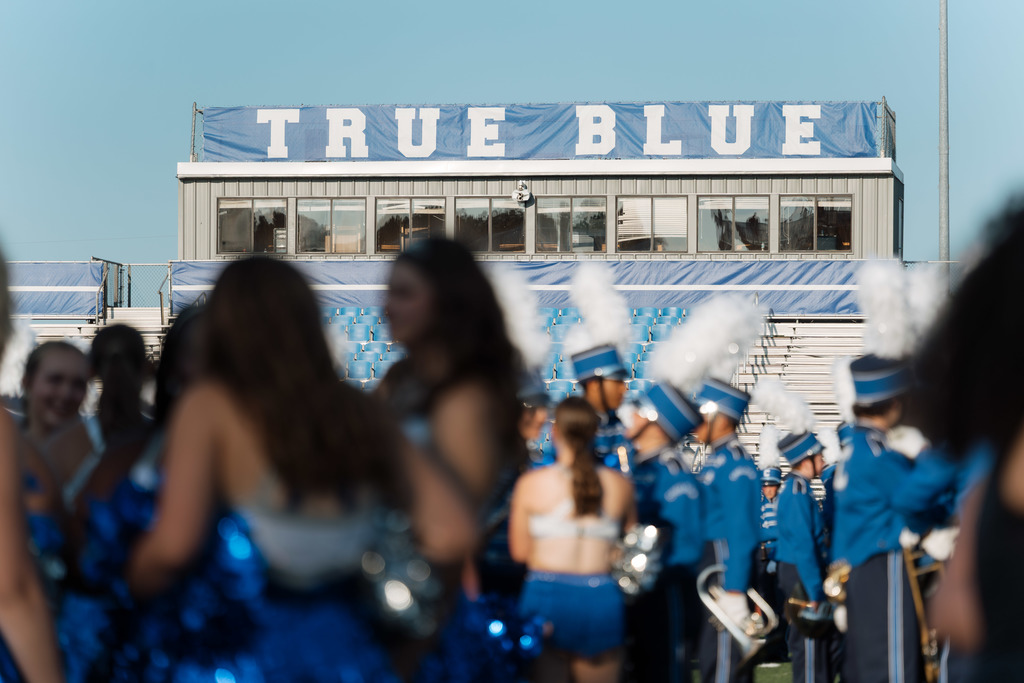 Chelsea High School stadium with banner reading "True Blue".