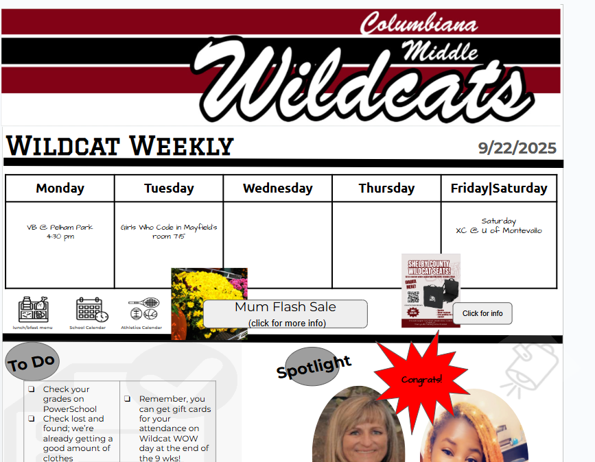 Image of the Columbiana Middle School Newsletter for 9.22.2025