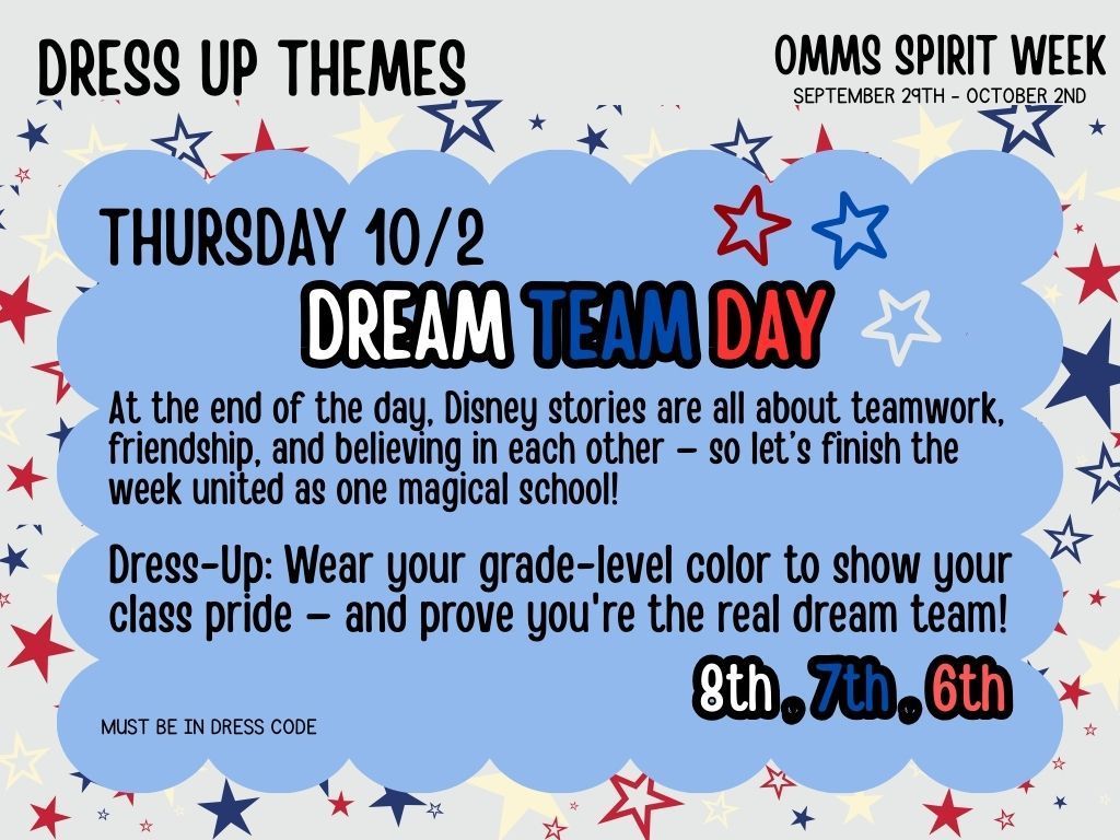 Thursday: Grade Level School Colors (red: 6th, blue: 7th, white: 8th)