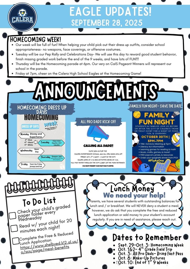 Eagle Update Family Newsletter with homecoming dress up days / events, all pro dads and Family Fun Night reminders