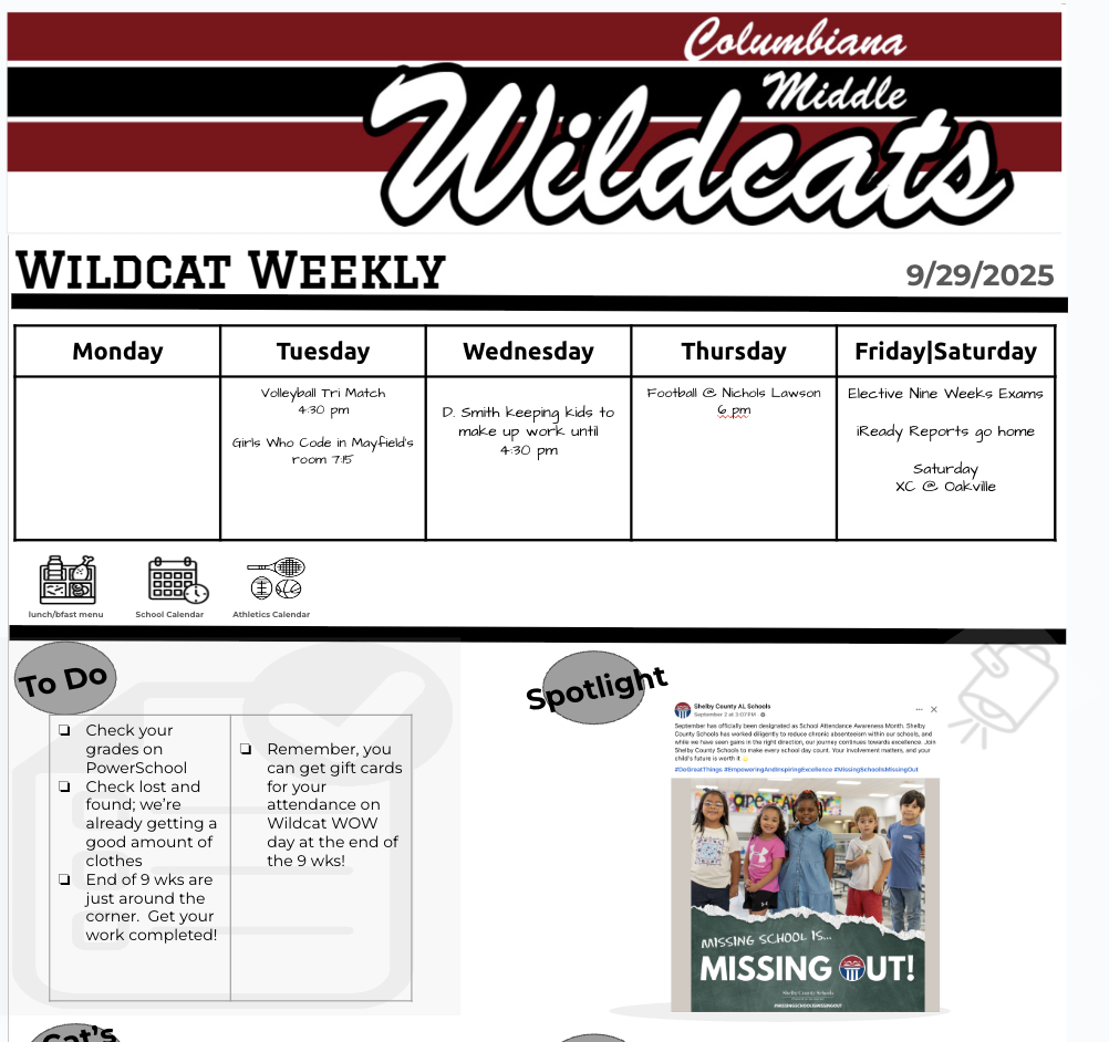 Screenshot of the Columbiana Middle School newsletter: the Wildcat Weekly for 9.29.2025