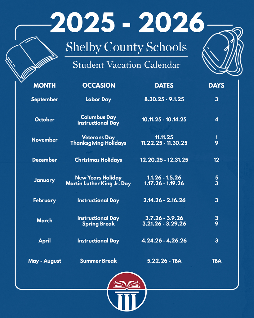 Calendar detailing days that are vacations for students.