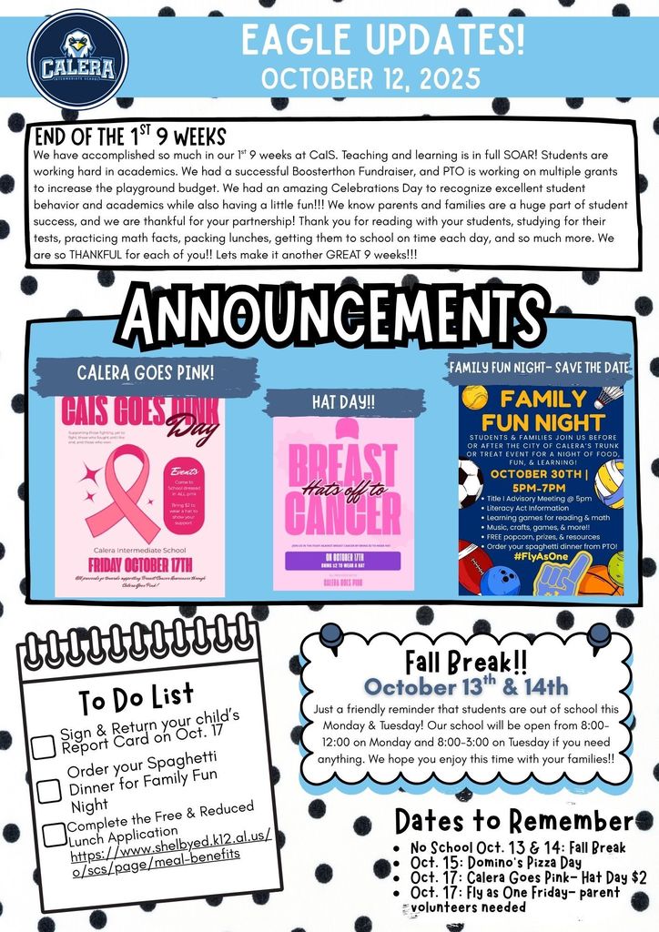 Eagle Update- Fall Break Monday & Tuesday