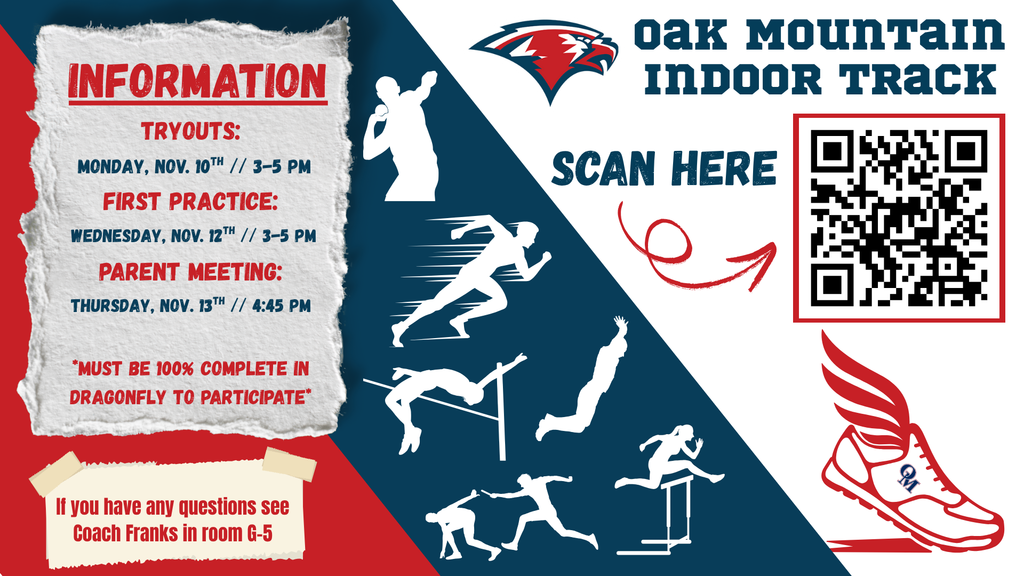 OMMS Indoor Track tryouts Nov. 10, Nov 12, parent meeting is Nov 13. Must be complete in Dragonfly.