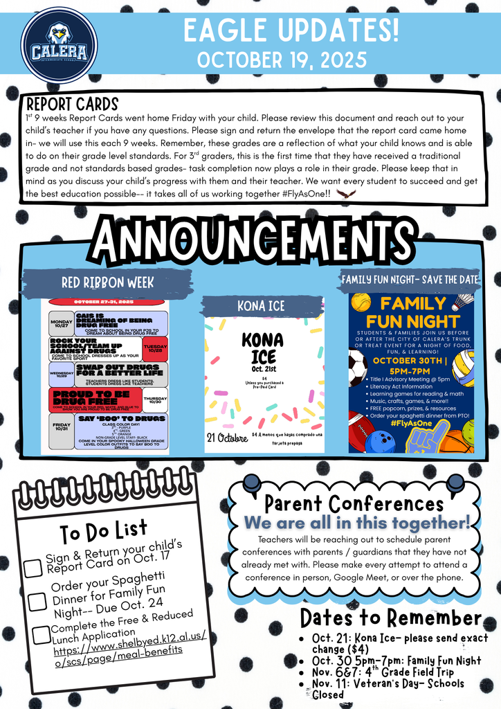 Eagle Update- Kona Ice Tuesday, Parent Conferences will be scheduled, Red Ribbon Week Dress Up Days, Report Cards went home Friday