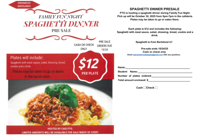 Spaghetti Dinner Fundraiser Flyer and Order form - Due Oct. 24
